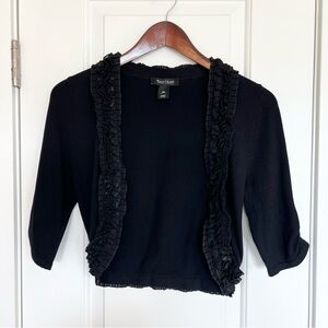 White House Black Market silk blend black shrug Black bolero Size XS Ruffles